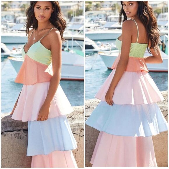 English Factory Colorblock Maxi Dress Size Small Tiered Ruffle Pastel Layered - Picture 1 of 11